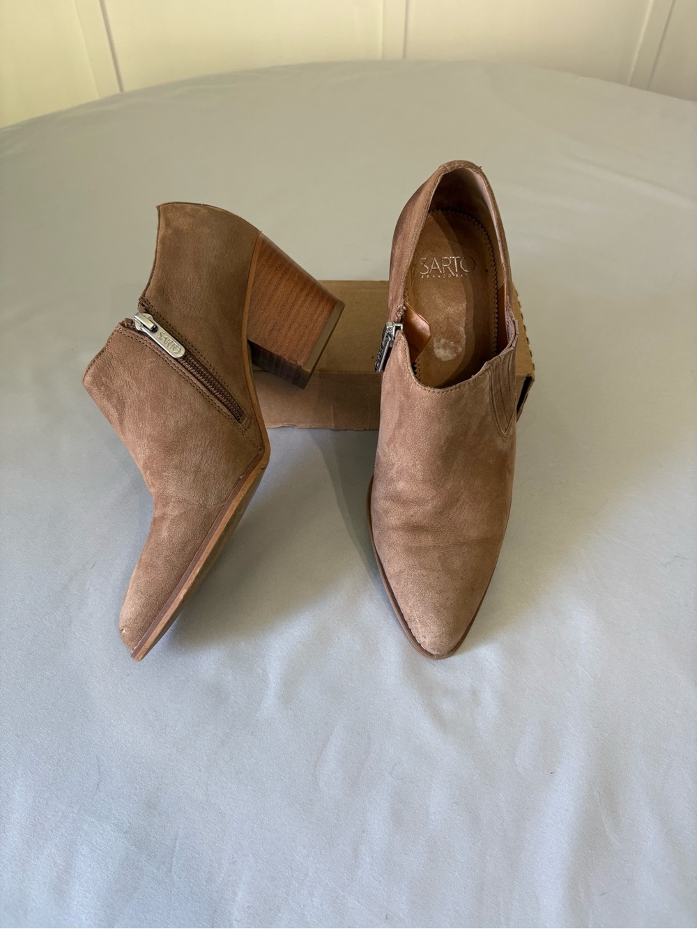SARTO By Franco Sarto Taupe Suede Pointed Ankle Booties